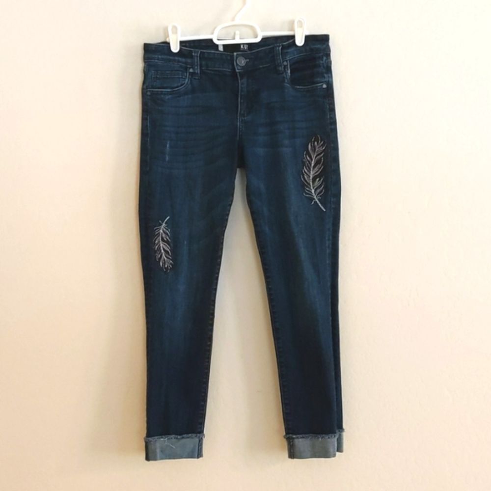 Kut from the Kloth Amy Ankle Straight Leg Embroidered Feather Denim Jean - 4
